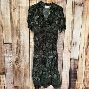 Ba&sh Dress Zael Paisley Floral Midi US Size 4 Ruffle Fitted Waist Short Sleeve